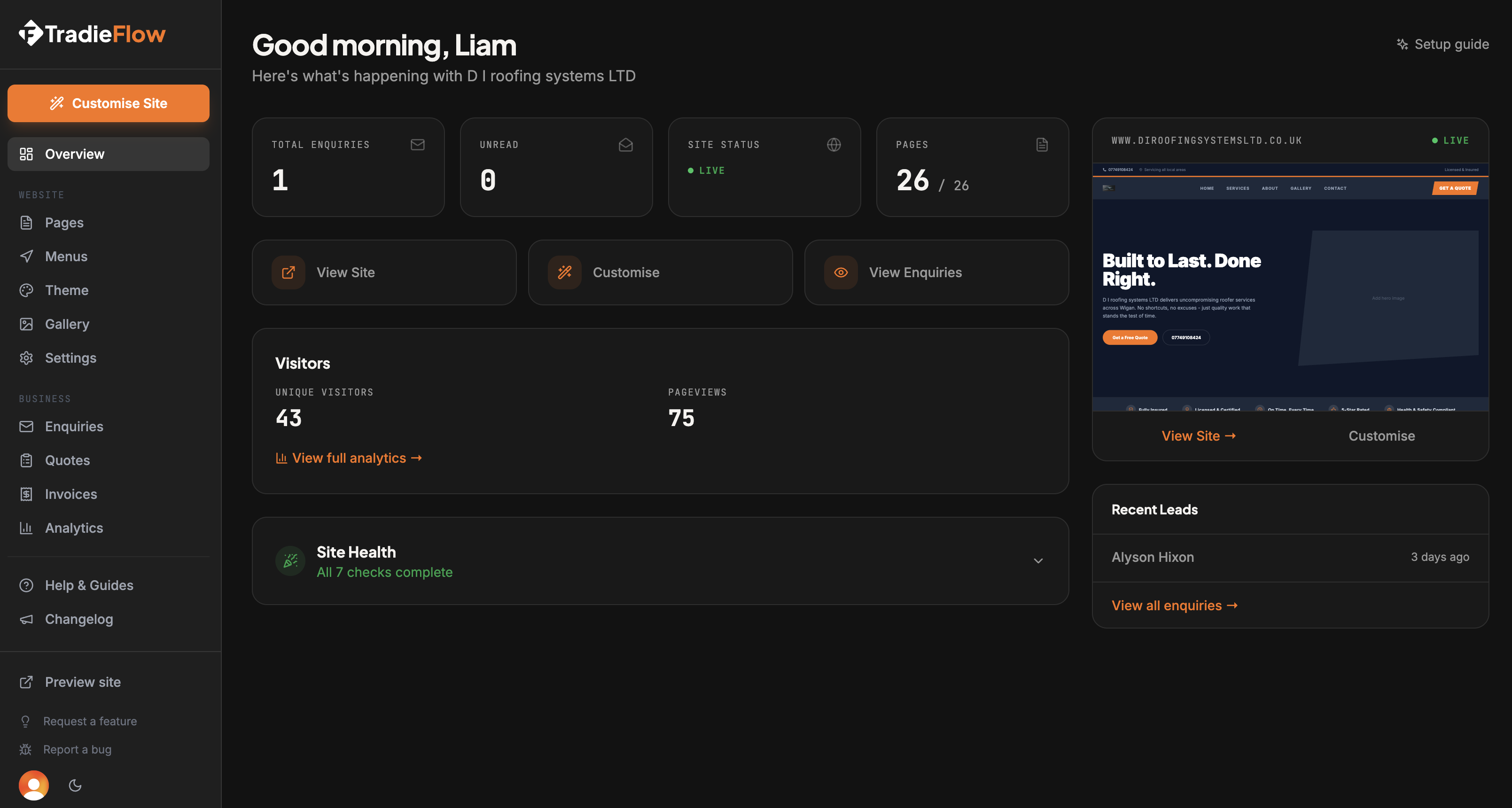 TradieFlow dashboard — site overview, enquiries, visitors and a live site preview